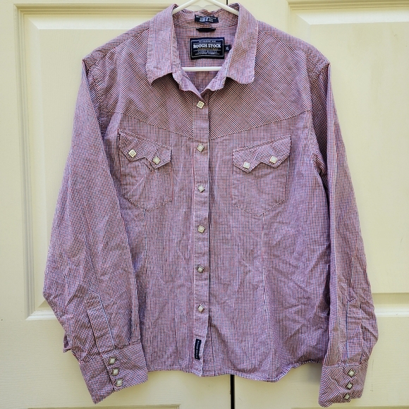 Rough Stock Western Shirt XL Red Blue Plaid Pearlized Snaps USA Patriotic EUC - Picture 1 of 13